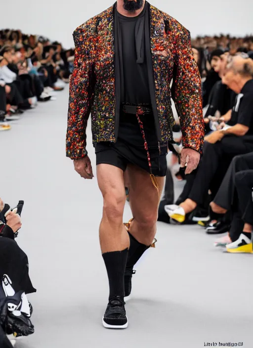 Image similar to hyperrealistic and heavy detailed balenciaga runway show of hulk hogan, leica sl 2 5 0 mm, vivid color, high quality, high textured, real life