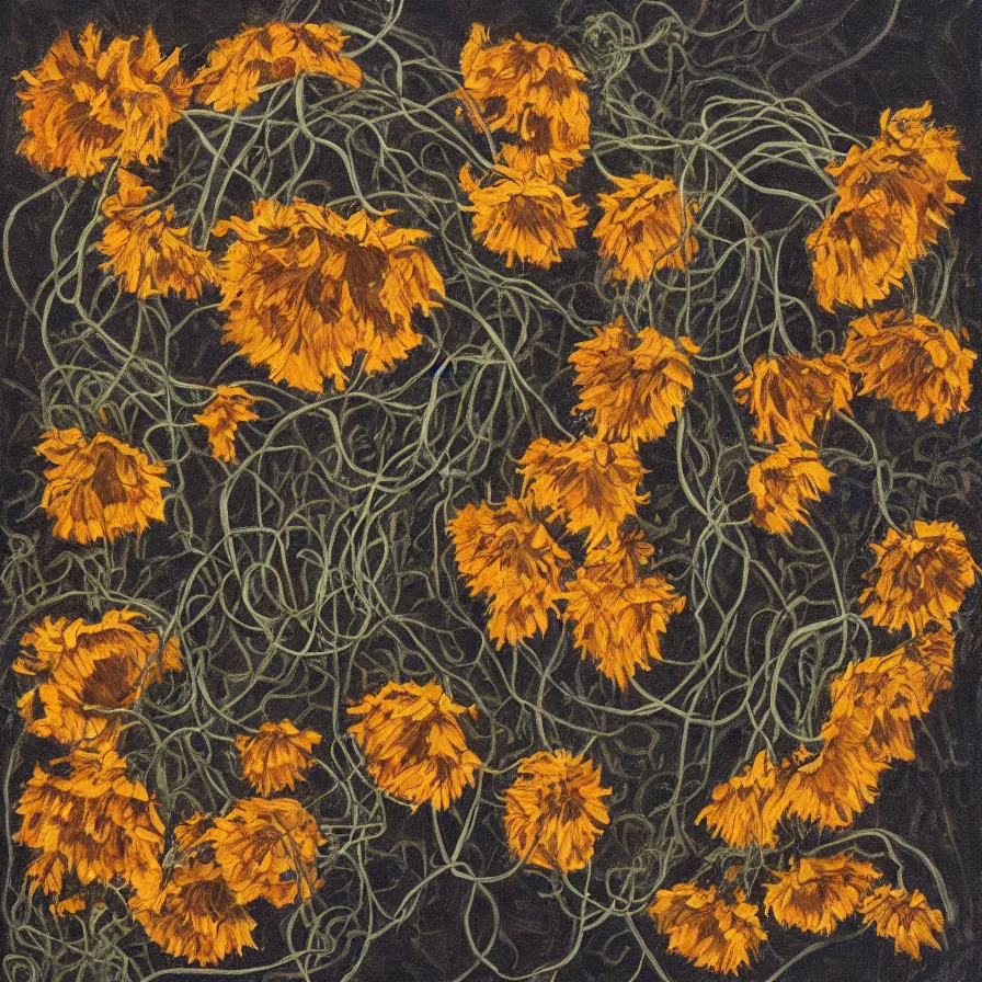 Image similar to award winning fine artwork about rivers of withered sunflowers and dry nasturtiums with vines, dark tones, moody, night, moonlight