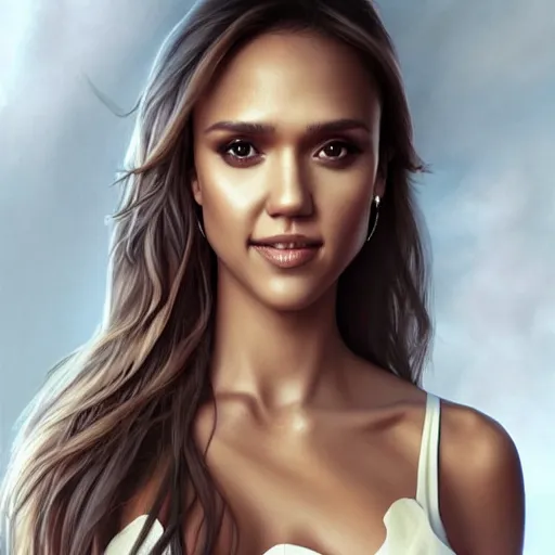 Image similar to jessica alba in the style of stefan kostic, realistic, full body, sharp focus, 8 k high definition, insanely detailed, intricate, elegant, art by stanley lau and artgerm