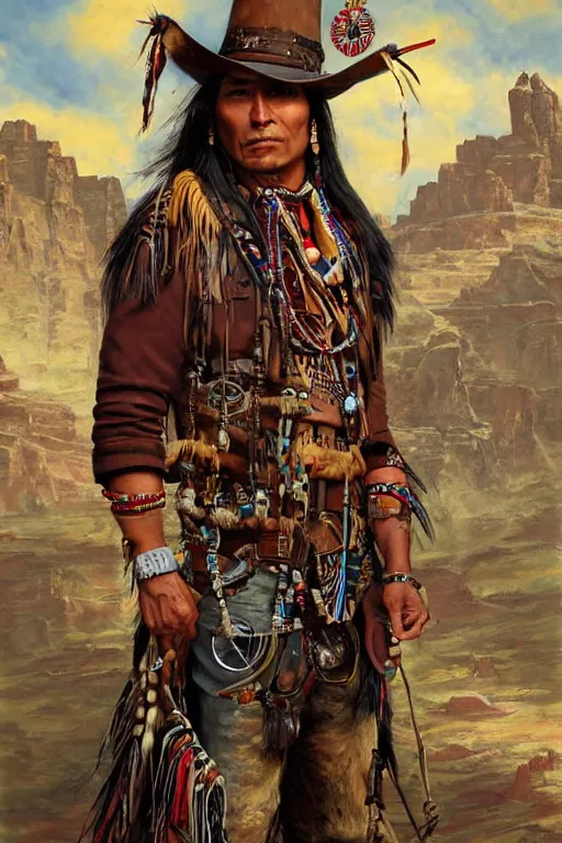 Prompt: thin native American Indian man in his early 30s, wearing traditional cargo buckskin jacket buckskin tactical toolbelt pockets bandolier full of trinket and baubles, steampunk arcane shaman, deadlands, weird west, by Steve Henderson, Sandra Chevrier, Alex Horley