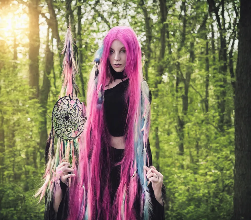 Image similar to realistic photo of a witch - like girl in a black cloack in jeans and with pastel pink hair and hazel eyes standing in woods full of sun beams holding a dreamcatcher and a tarot cards deck in a dreamy style, magical middleground with unicorns and a contemporary cityscape far on the background