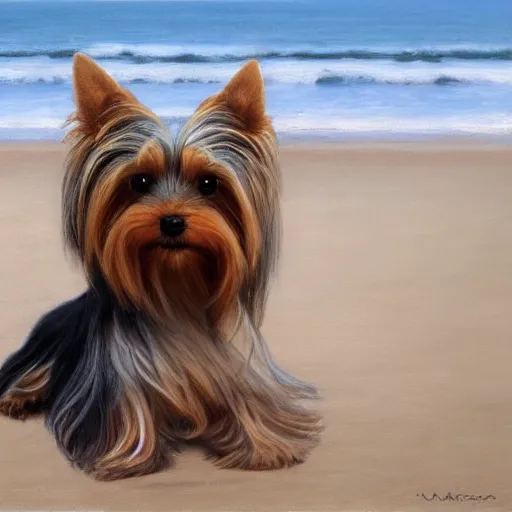 Image similar to ultra realistic portrait painting of a yorkshire terrier on the beach, art by michael sowa, 4 k, ultra realistic, highly detailed, epic lighting