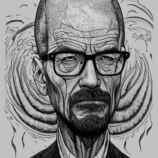 Image similar to Walter White as a Lovecraftian monster, detailed, portrait, intricate, illustration, ink drawing by Kim Jung Gi, hyperdetailed, trending on artstation, highly detailed, Aaron Horkey