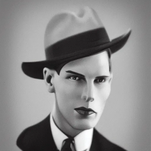 Image similar to a photograph portrait of jerma in the 1 9 3 0 s with slicked back hair and a homburg fedora, taken in the mid 1 9 3 0 s, grainy, taken on a 3 0 s kodak camera, realistic, hyperrealistic, very realistic, highly detailed, very detailed, extremely detailed, detailed, digital art, trending on artstation