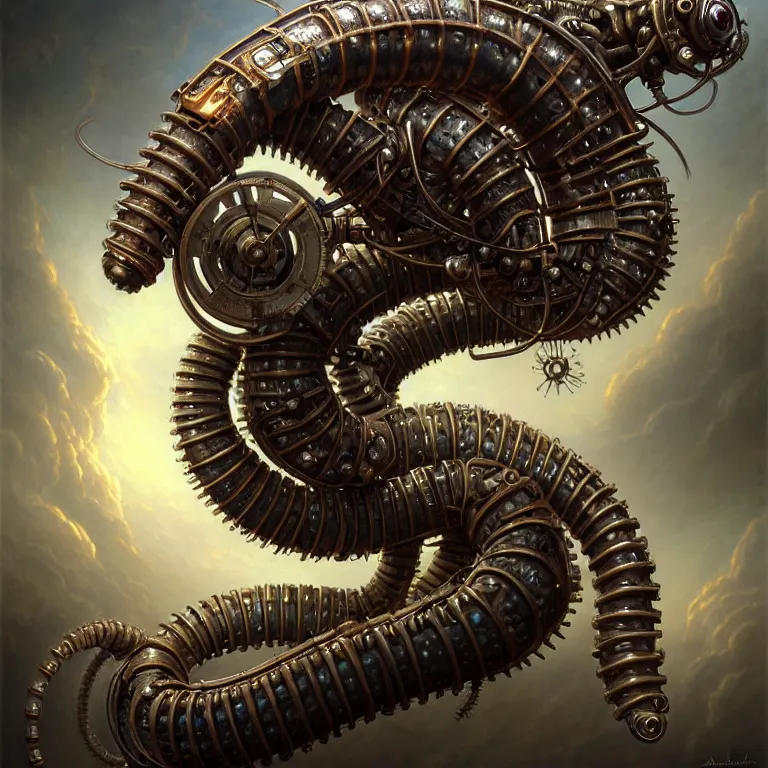 Image similar to steampunk robot millipede, unreal engine realistic render, 8 k, micro detail, intricate, elegant, highly detailed, centered, digital painting, artstation, smooth, sharp focus, illustration, artgerm, tomasz alen kopera, peter mohrbacher, donato giancola, joseph christian leyendecker, wlop, boris vallejo