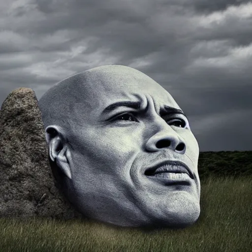 Prompt: the clouds form the face of dwayne the rock johnson's medium sized head coming out of a rock, looking out on a field of short grass