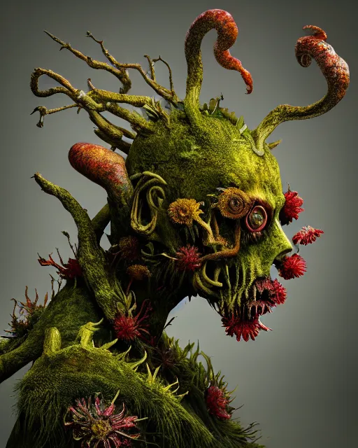 Prompt: a extremely disturbing horror photograph of a fantasy creature made out of nature and flowers and fungus, intricate, hyperrealism, sharp focus, cinematography, highly detailed, octane render, horror cgi 4 k, matte, photograph by professional photographer