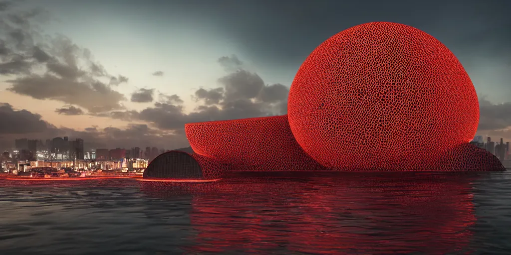 Image similar to An epic architectural rendering of a blob shaped trypophobia house with a mysterious red glow emitting from inside in a modern cityscape next to a river, stunning, gorgeous, golden ratio, photorealistic, featured on artstation, 4k resolution