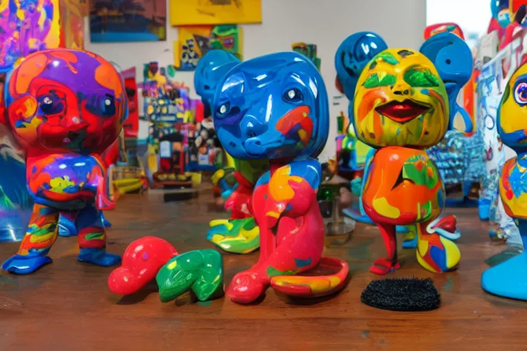 Prompt: one cartoon psychedelic sculpture toy on display