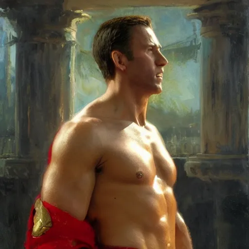 Prompt: detailed realistic cinematic wide shot of beautiful attractive muscular joe biden as roman empreror gold chain wearing royal red clothes slim face symettrical face clean skin black eyes black robe smooth, sharp focus, ultra realistic, spring light, painting by gaston bussiere, craig mullins, j. c. leyendecker