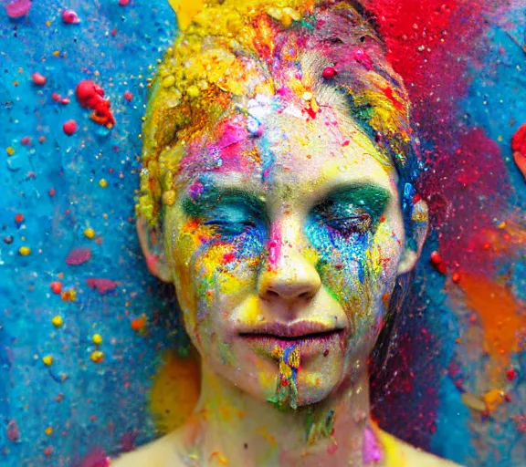 Image similar to still shot footage of a portrait of a female angel's head morphs into acrylic pour and coloured powder explosion and splashing paint and dripping paint and flying paint chunks, closing eyes, motion blur, hyperrealistic, medical, intricate art photography, hyperrealistic, anatomically correct, realistic crisp textures, 1 6 k