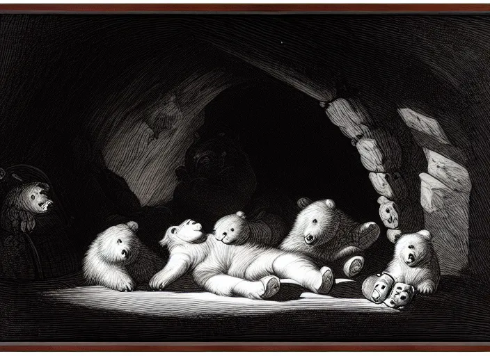 Prompt: Pieter Claesz's 'bear and her cubs sleeping in a dark cave', night time, cross hatching, framed