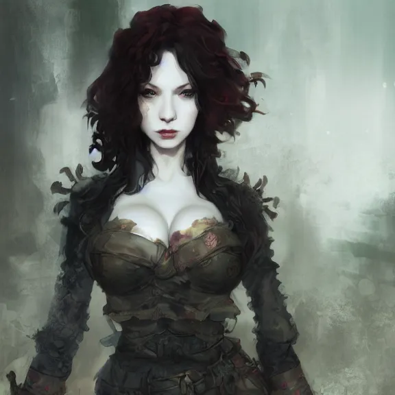 Image similar to christina hendricks!!! goth, tankoban, 4 k, tone mapping, akihiko yoshida, james jean andrei riabovitchev marc simonetti, yoshitaka amano, long hair, curly, h. hydrochaeri