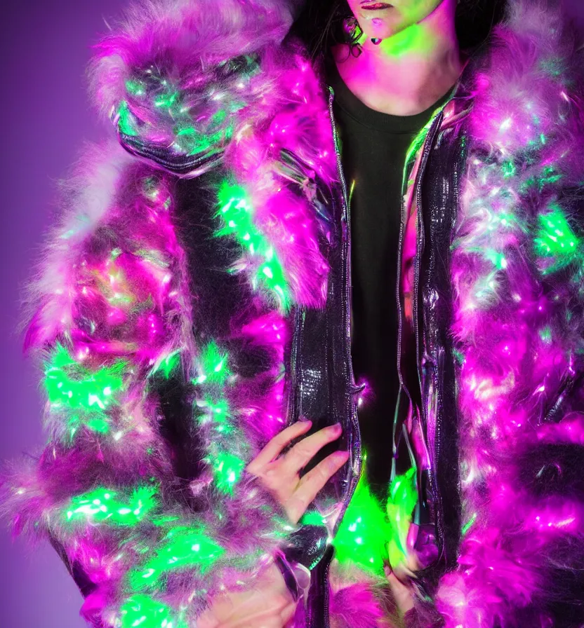 Prompt: autumn season rave jacket with led skin and fluffy lining in the style of cyberdog, futuristic psychedelic hippy, product shot, dark background, neon lighting