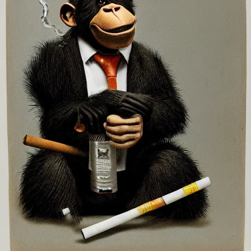 Image similar to a high detail photo of an antropomorphic chimp wearing a suit smoking a cigarrette, subject= chimp, subject detail: wearing a suit, subject action: smoking a cigarrette photorealism