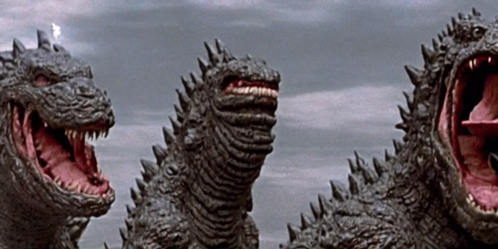 Image similar to a still from a movie, godzilla with human teeth being an idiot and laughing at a joke, real, weird, strange, funny