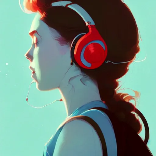 Image similar to beautiful artistic - wave highly detailed portrait female, with head phones, long red hair, by atey ghailan, by greg rutkowski, by greg tocchini, by james gilleard, by joe fenton, by kaethe butcher, dynamic lighting, gradient light blue, brown, blonde cream and white color scheme, grunge aesthetic