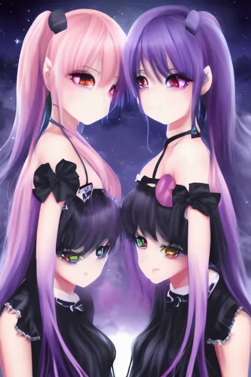 Image similar to two beautiful female idols with twintails facing each other, dark background, anime art