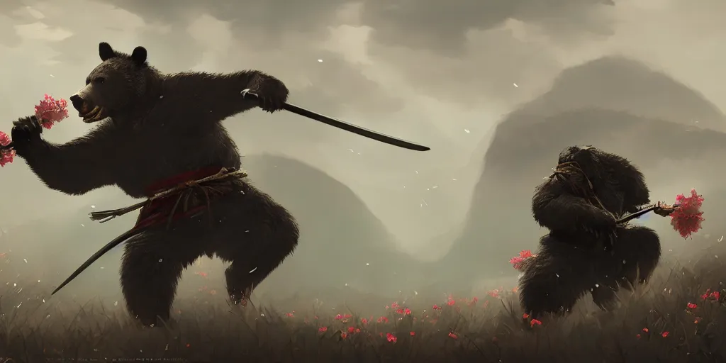 Image similar to an environmental concept art of samurai anthropomorohic black bear, samurai duel, sakura petals blowing in the wind, highly detailed, environmental light, epic, 8 k, artstation, deviantart, award winning, cinematic by francis tneh