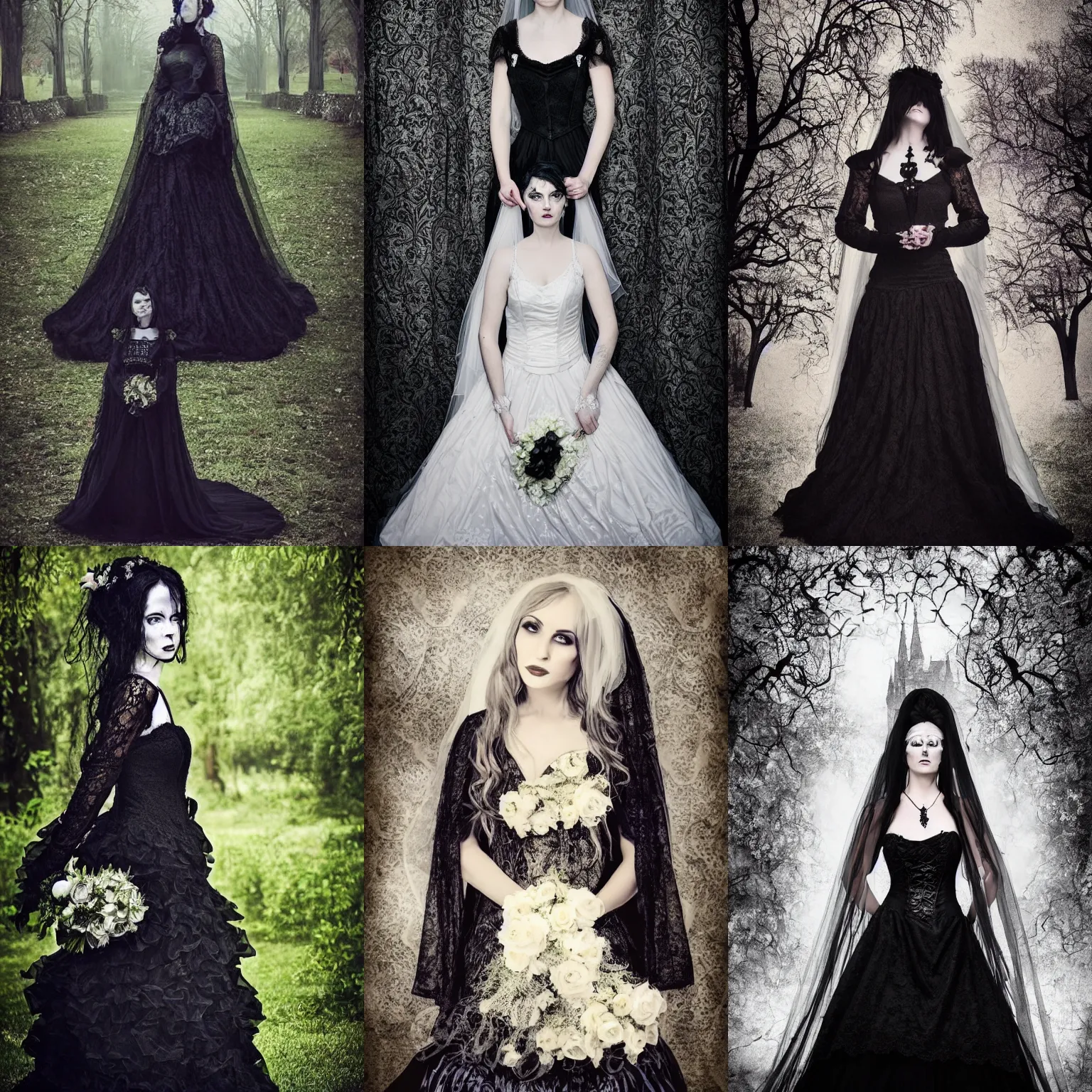 Prompt: Beautiful portrait of a gothic bride, black lace dress, full body, haunted mansion background