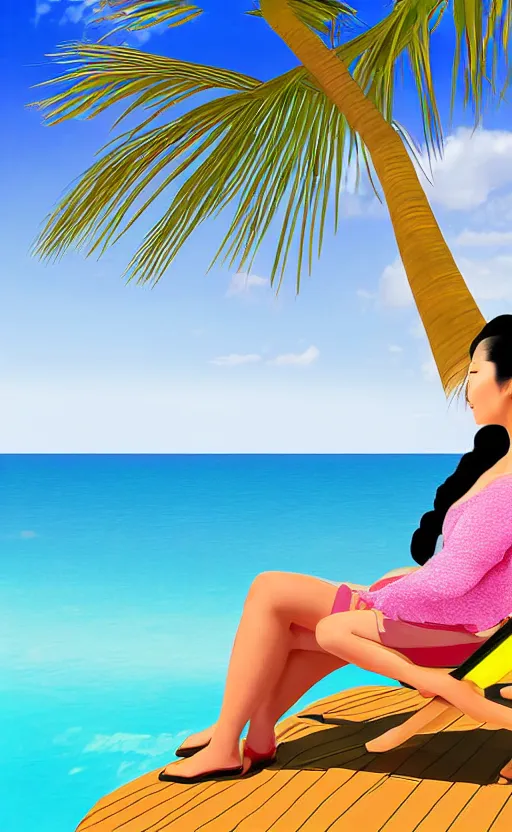 Image similar to asian woman with black ponytail sitting on a beach chair on a a cruise ship overlooking the bahamas, digital art high detail