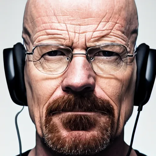 Prompt: professional head shot of walter white wearing a gaming headset and sitting in a gaming chair in a bedroom, 8 k, dslr, very detailed, very intricate,