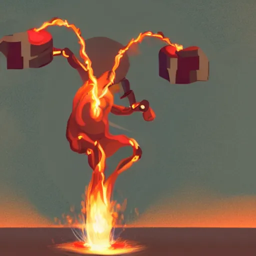 Image similar to a bomb with arms and legs lighting itself on fire with a match