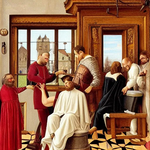 Image similar to barber shop in a renaissance style