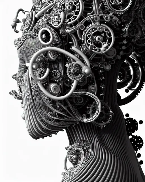 Image similar to mythical black and white organic bio-mechanical spinal ribbed profile face portrait detail of silver mechanical beautiful female angelic-vegetal-cyborg, highly detailed, intricate steampunk ornate, poetic, 3D render, digital art, octane render, 8K artistic photography, photo-realistic, by Dora Maar