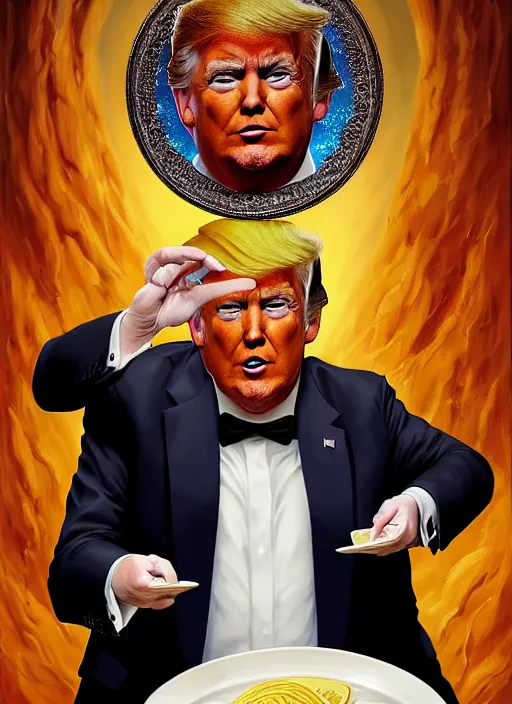Prompt: portrait of donald trump holding a plate of gravy out to the camera, cosmic horror painting, elegant intricate digital painting artstation concept art by mark brooks and brad kunkle detailed