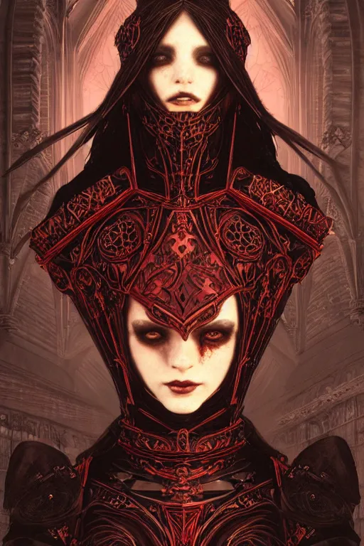 Prompt: beautiful luxury and gothic and victorian and evil medieval female reddish and black color armor knight portrait+smoky eyes+light flowing hair, in ruin gothic cathedral, ultradetail face, art and illustration by tian zi and craig mullins and WLOP and alphonse mucha, fantasy, intricate complexity, human structure, fantasy world concept, watermark, blurry, hyperrealism 8k