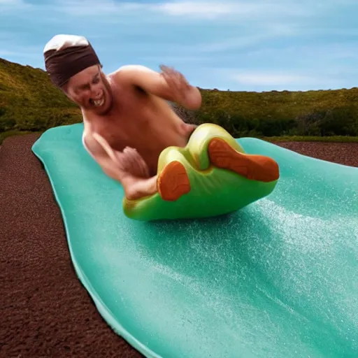 Prompt: a man gliding down a brown pudding slip n slide