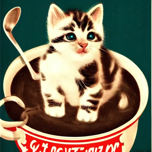 Prompt: baby kitten on a bowl of soup, soviet union poster propaganda