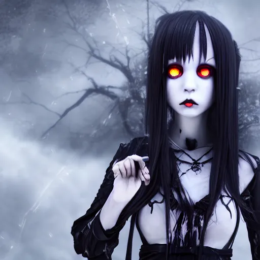 Image similar to photorealistic full shot portrait of kawaii angry darkness vampire anime girl, gothic clothing, worrying eyes, inspired by Tim Burton, detailed, unreal engine 4k volumetric light, fog,