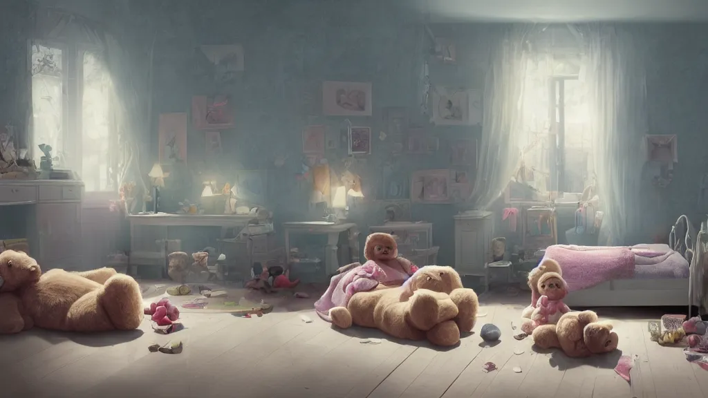 Image similar to a Photorealistic hyperrealistic render of an interior of a beautifully decorated spoiled child's beautiful bedroom with a giant teddy bear sitting on the floor by PIXAR,Greg Rutkowski,WLOP,Artgerm,dramatic moody sunset lighting,long shadows,Volumetric, cinematic atmosphere, Octane Render,Artstation,8k