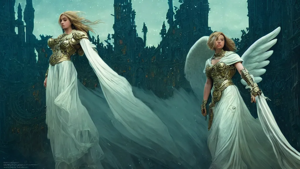 Prompt: angel, big wings, low key light, full plate armor with cloth, f 1 6, bokeh, medium portrait, gentle, female, ornate city ruins, landscape, d & d, fantasy, intricate, elegant, highly detailed, teal white gold color palette, roger deakins, sharp focus, greg rutkowski and alphonse mucha