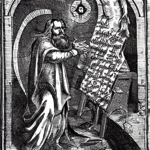 Prompt: john dee summoning angelic entities with enochian magick, hyperrealistic, detailed
