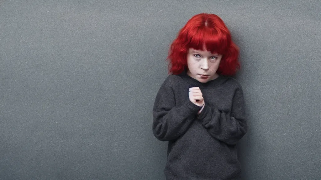 Prompt: colour photograph of a child questioned at the blackboard, red hair, shy, inspired by Gregory Crewdson