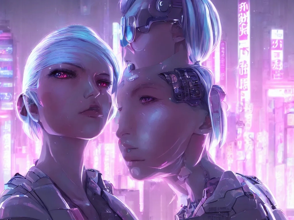 Image similar to portrait grey hair anime visual futuristic female cyber police, on cyberpunk neon light tokyo rooftop, ssci - fi and fantasy, intricate and very beautiful, human structure, concept art, sharp focus, anime by simon stalenhag, rossdraws and magali villeneuve and liya nikorov and luxearte, frostine engine