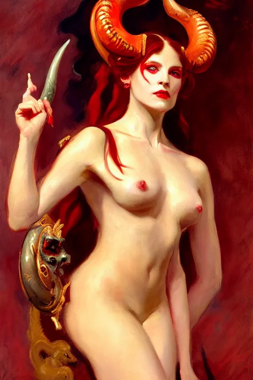 Prompt: painted close - up portrait of a attractive red - skinned intimidating demon girl with ram horns! oil painting, wearing a noblewoman's outfit, fantasy art by john singer sargent and gaston bussiere, and guillermo del toro, demon noble character design, hd
