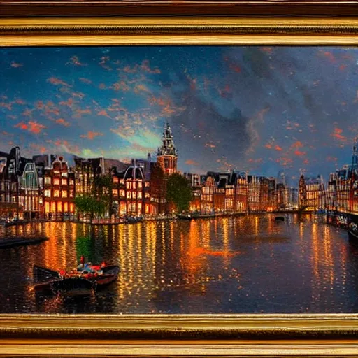 Prompt: Painting of the Amsterdam skyline painted by Thomas Kinkade
