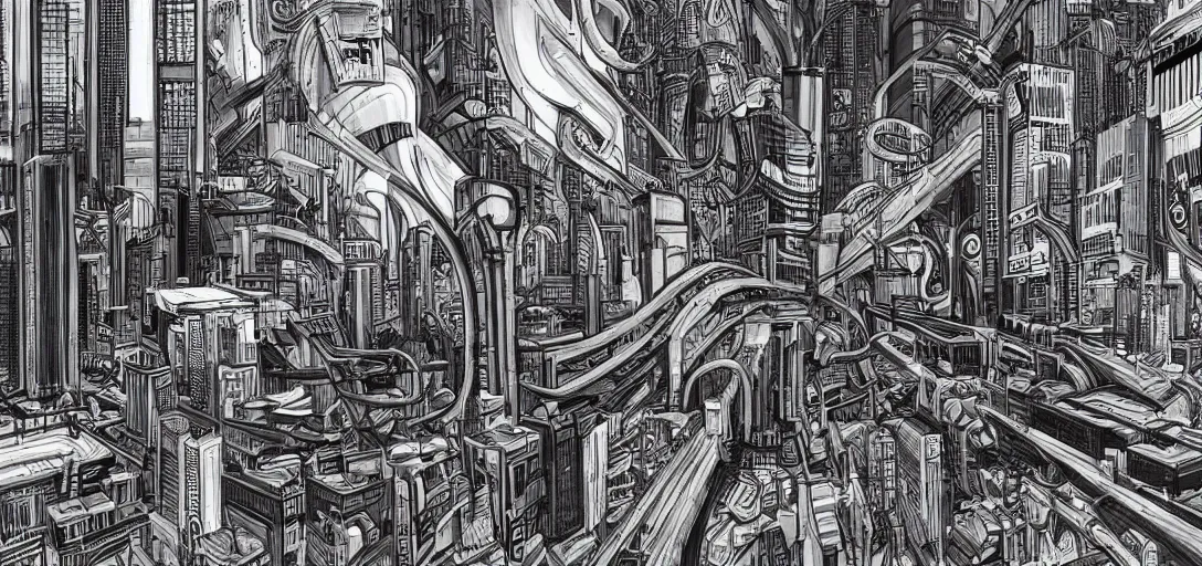 Image similar to a cityscape in the style of H.R. Giger meets Syd Mead