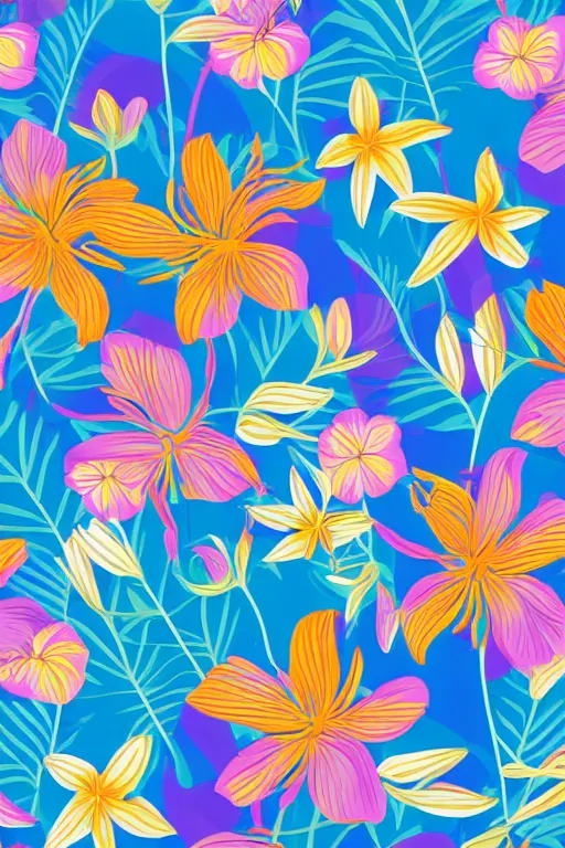 Prompt: Vector illustration of tropical flowers with multiple cohesive colors ranging from warms purples to bright oranges on a ((dark blue background)), 4K resolution