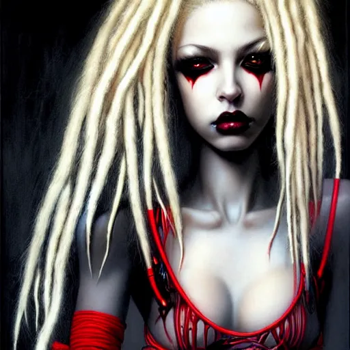 Image similar to portrait of flawless beautiful female cybergoth with blonde and red dreadlocks, dark, piercing eyes, exotic expression, esoteric clothing, photorealistic, highly detailed, mysterious lighting, artstation, smooth, sharp focus, art by michael whelan, artgerm, greg rutkowski and luis royo