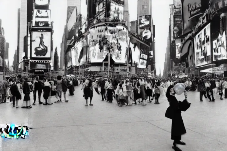 Prompt: photograph of a girl with balloon, Times Square, by Ansel Adams ((black and white))