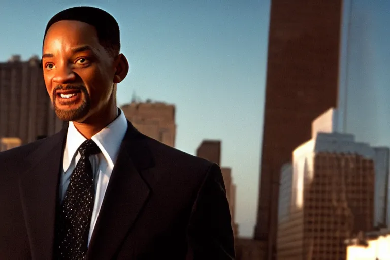 Image similar to cinematic still of will smith in men in black ( 2 0 0 1 ), xf iq 4, f / 1. 4, iso 2 0 0, 1 / 1 6 0 s, 8 k, raw, dramatic lighting, symmetrical balance, in - frame, highly accurate facial features