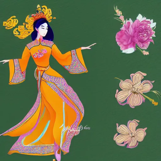 Image similar to silk painting of beautiful vietnamese princess wearing vietnamese ao dai, 2 d game art, character design, in the style of nguyen phan chanh and lam manh