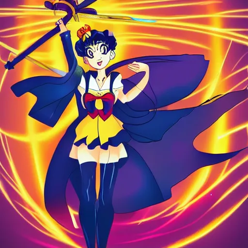 Prompt: sailor moon holding a sword, background lighting, shadow figure