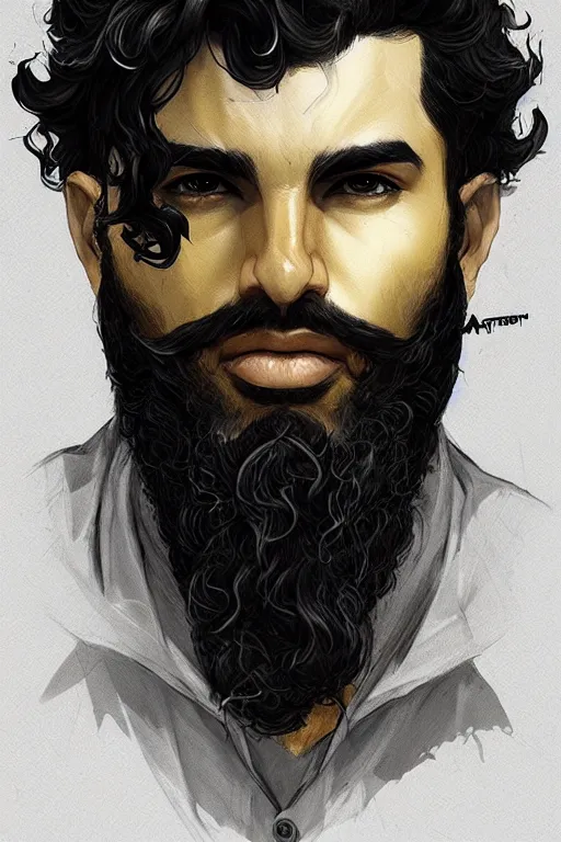 Image similar to Arab man light beard, curly hair, knight, hero, leather , yellow and charcoal, character concept art, costume design, trending on artstation, Artgerm , WLOP