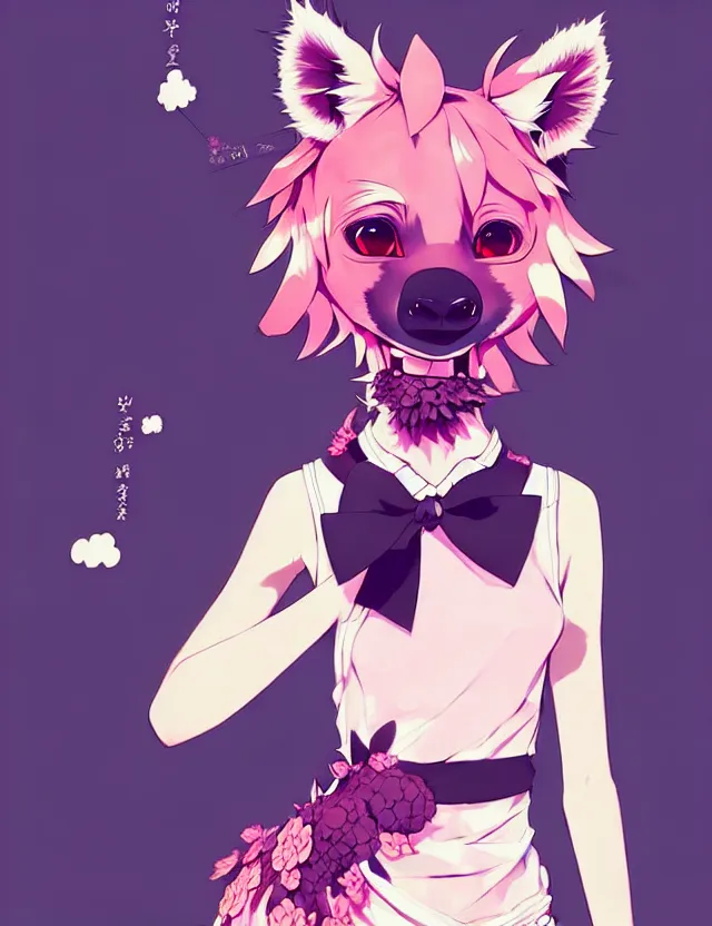 Image similar to a cute anthropomorphic hyena girl anthro wearing a black hibiscus ribbon, city background, very anime!!! kawaii!! furry!! intricate details, aesthetically pleasing pastel colors, scenic background, art by conrad roset and ilya kuvshinov. trending on deviantartstation